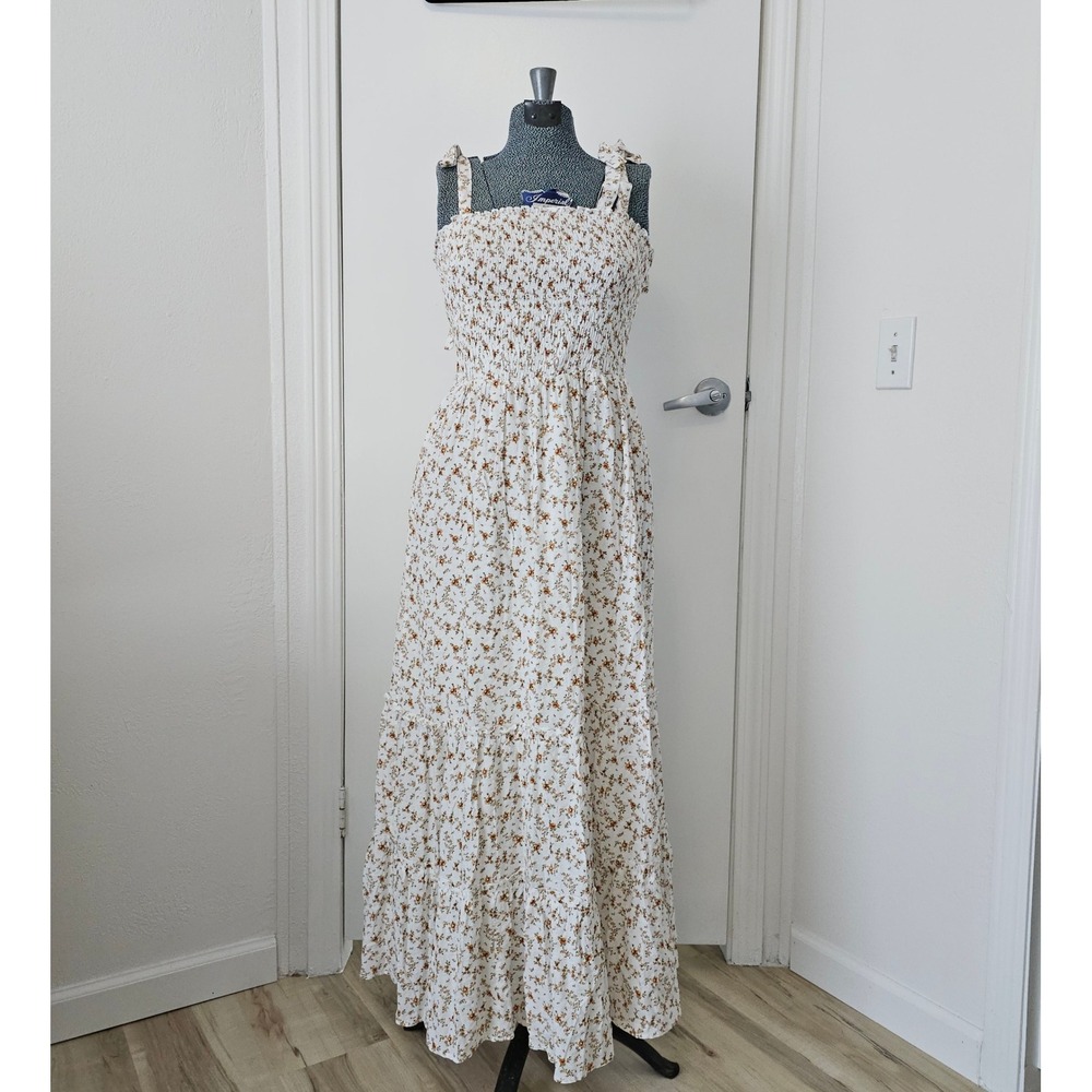 Dress Forum NWT Floral Smocked Maxi Dress Sz S Tie Shoulder Prairie Cottage Boho